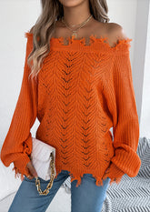 Off the Shoulder Raw Hem Jacquard Knitted Sweater